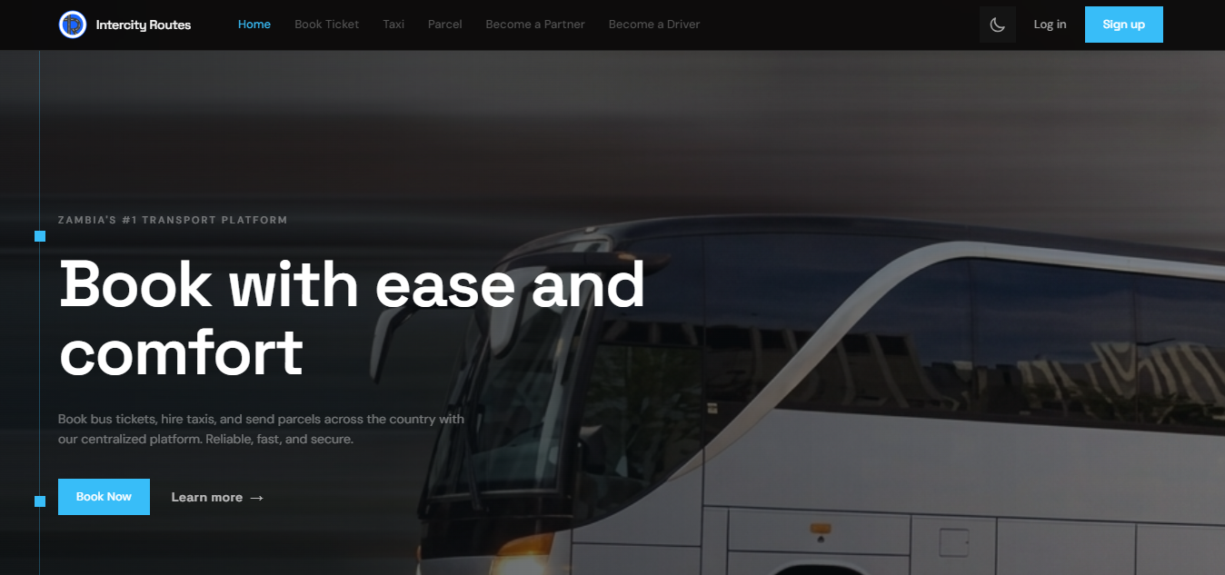 Intercity Routes website showing transport services and booking navigation